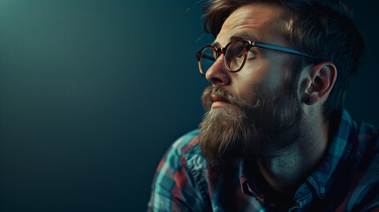 Thoughtful Bearded Man in Glasses Looking Sideways in Low Light - Stylish Hipster Portrait Photograph for Lifestyle and Fashion