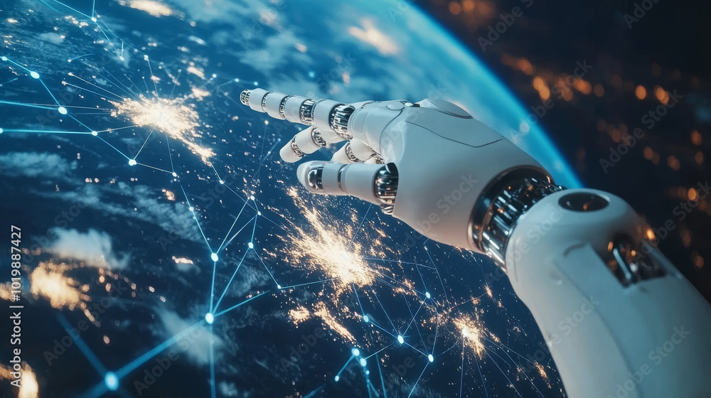 Poster ai is changing how we communicate globally. an ai system controls a vast network, connecting the wor