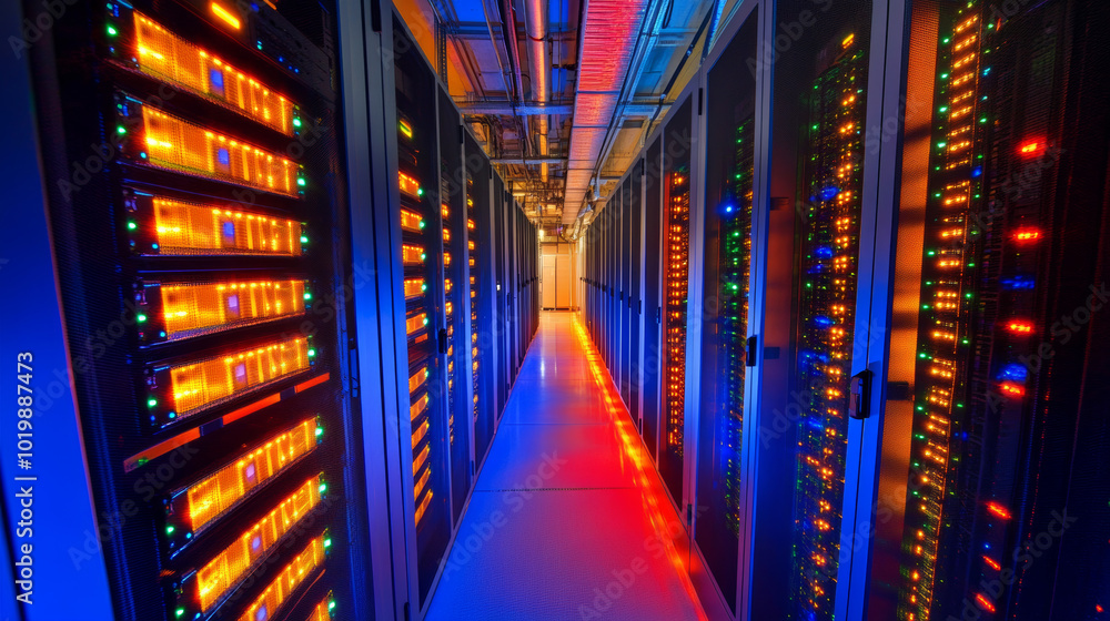 Poster a server rack with bright lights represents a data center or digital storage facility. this symboliz