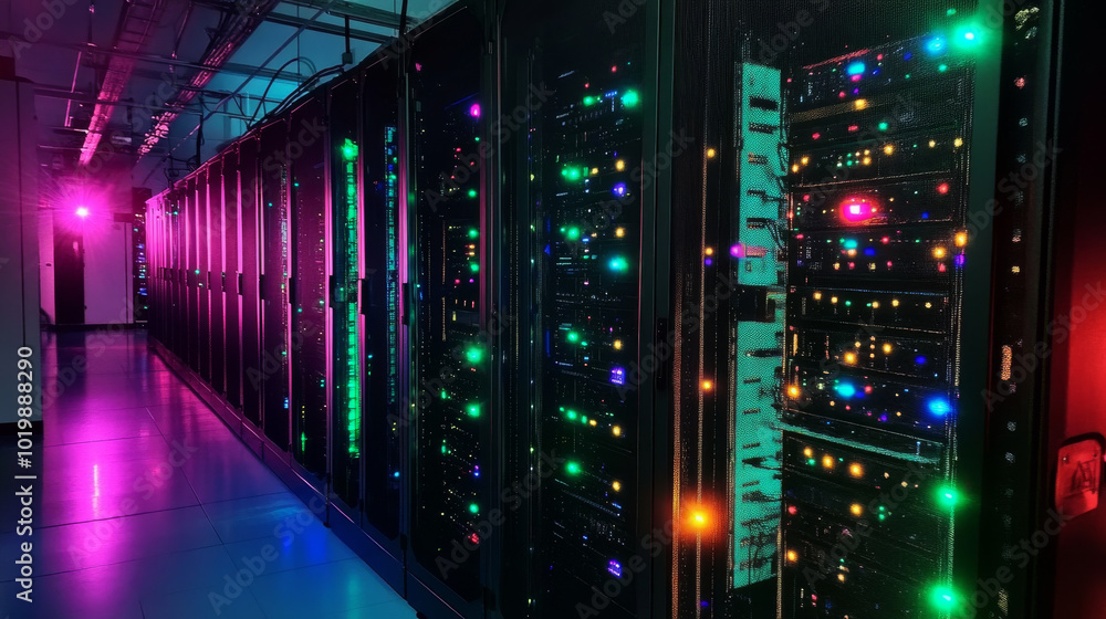Poster a server rack with bright lights represents a data center or digital storage facility. this symboliz
