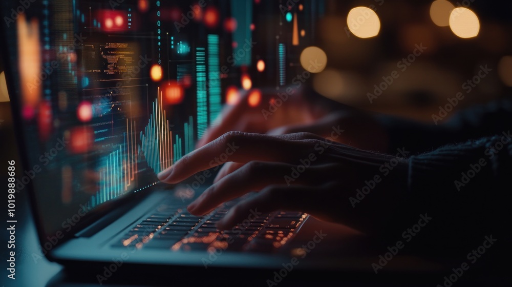 Poster hands typing on laptop with data visualizations