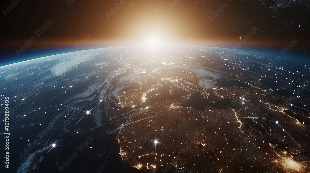 Aufkleber global digital network: spinning earth from space with virtual connections linking cities across the