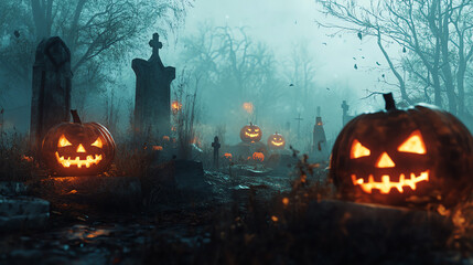 Fototapeta premium Spooky Halloween scene featuring glowing jack-o'-lanterns among misty gravestones in an eerie graveyard.