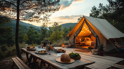 cozy dinner set against a stunning bright sky during a glamping experience. Soft lighting illuminates the table, creating a magical atmosphere that symbolizes connection with nature and serenity