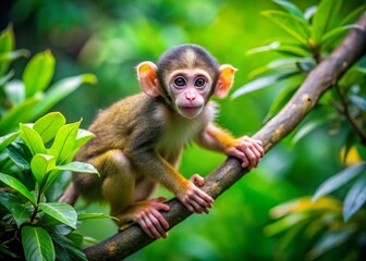 Obraz premium Playful Infant Monkey Climbing on Branch in Lush Green Environment Capturing Nature's Charm