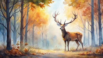 Autumnal deer in watercolor woodland clearing with antlers