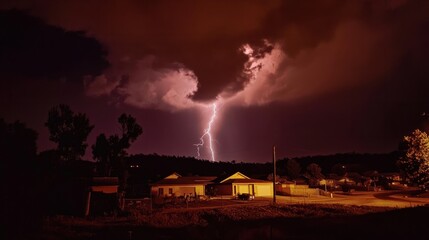 A nighttime tornado illuminated by flashes of lightning, with its path barely visible.