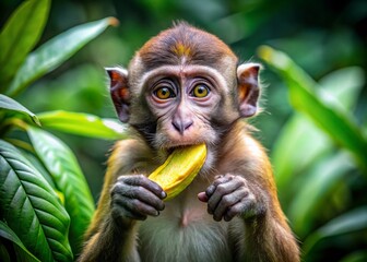 Fototapeta premium Playful monkey enjoying a ripe banana in a lush green jungle setting, showcasing its natural behavior