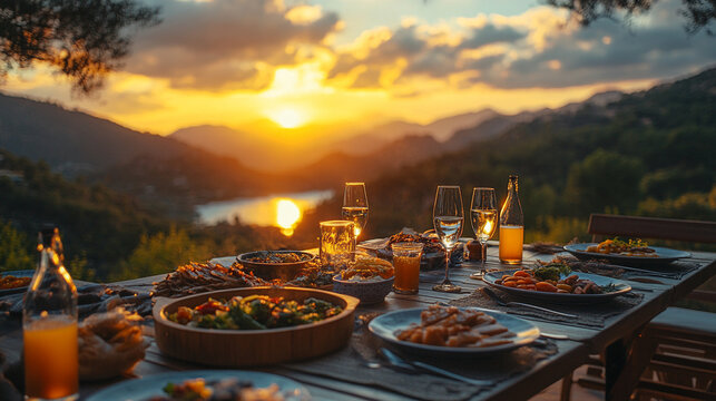 cozy dinner set against a stunning bright sky during a glamping experience. Soft lighting illuminates the table, creating a magical atmosphere that symbolizes connection with nature and serenity