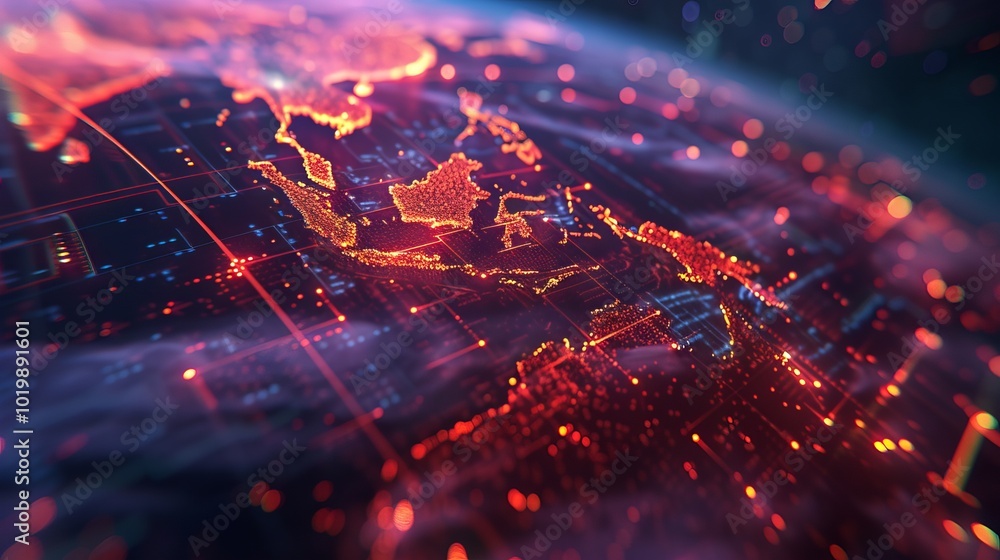 Poster global digital network: spinning earth from space with virtual connections linking cities across the