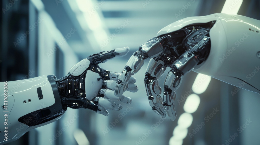 Poster industry 4.0 uses artificial intelligence (ai) and neural networks. imagine robot arms building ai s