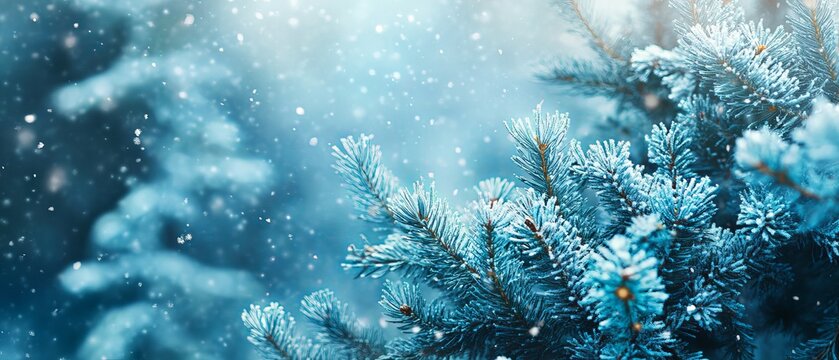 Enchanting winter wonderland: snowfall in a serene forest with blue spruce fir tree branches, perfect for christmas and new year celebrations - banner image
