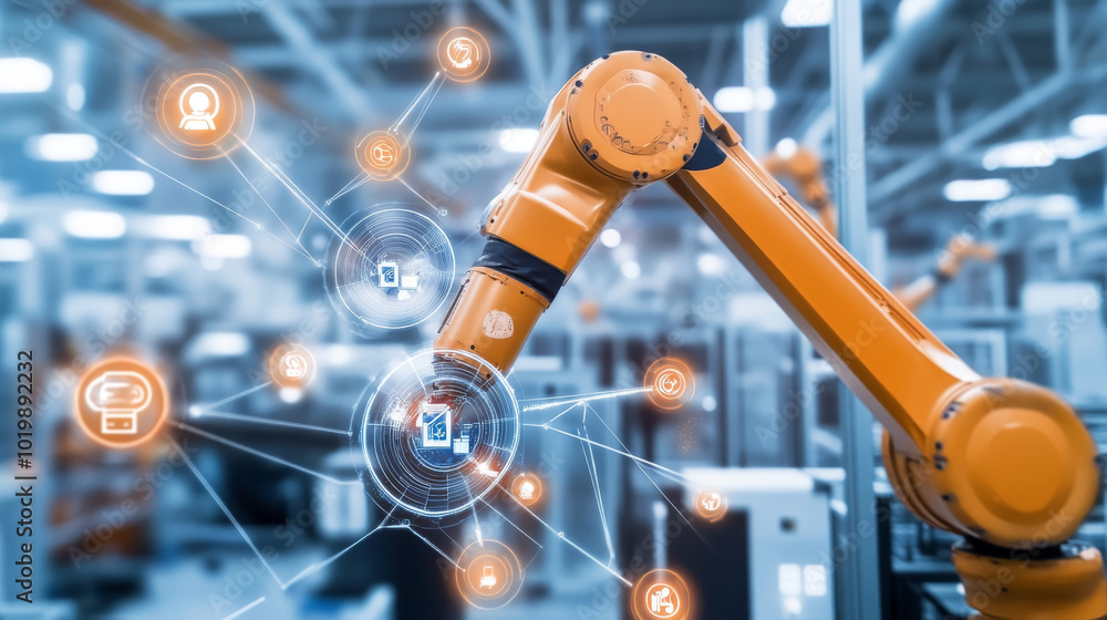 Poster industry 4.0 uses artificial intelligence (ai) and neural networks. imagine robot arms building ai s