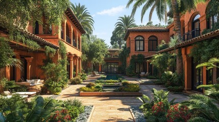 Fototapeta premium Luxurious courtyard with lush greenery and a serene pool.