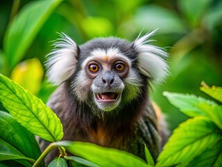 Fototapeta premium Playful Sagui Monkey in a Natural Habitat Surrounded by Lush Green Vegetation and Trees