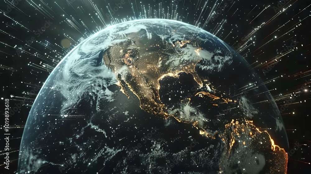 Aufkleber global digital network: spinning earth from space with virtual connections linking cities across the