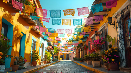 Colorful Street with Paper Flags Illustration