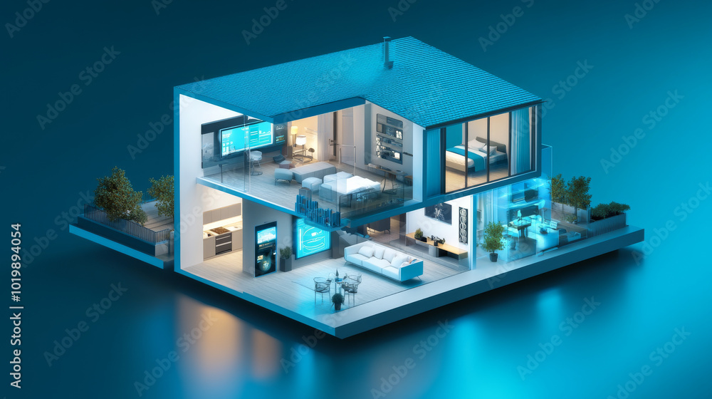 Poster this is a 3d model of a smart home, showing how internet-connected devices work together. it shows h