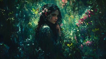 Ethereal Vegan Nymph Surrounded by Lush Verdant Forest Foliage in Impressionistic Painting Style