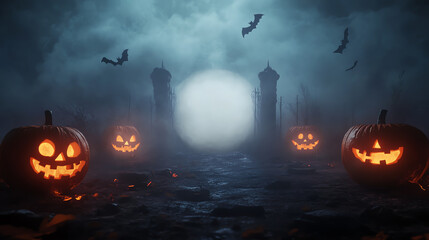 Spooky Halloween scene with carved pumpkins, bats, and a mysterious foggy atmosphere, perfect for festive celebrations.