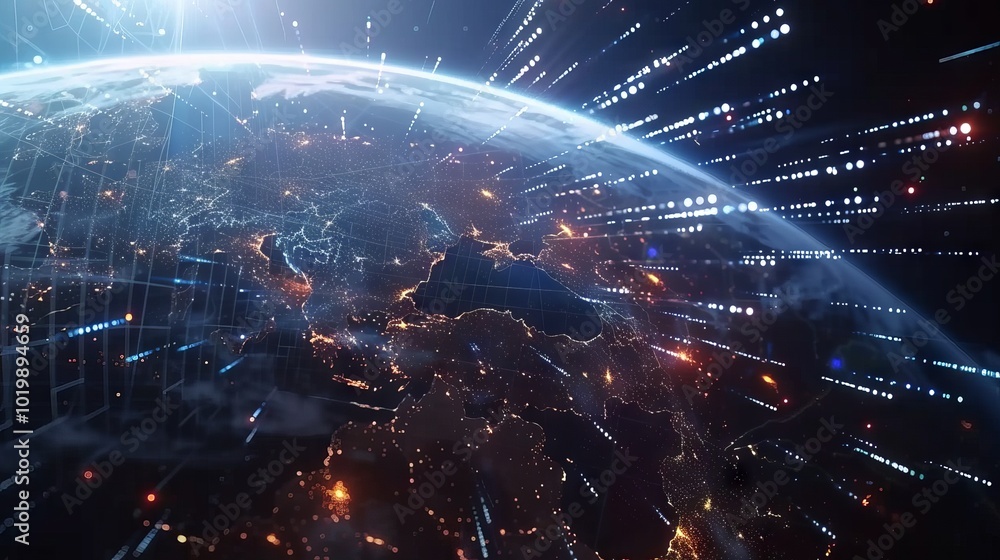 Aufkleber global digital network: spinning earth from space with virtual connections linking cities across the