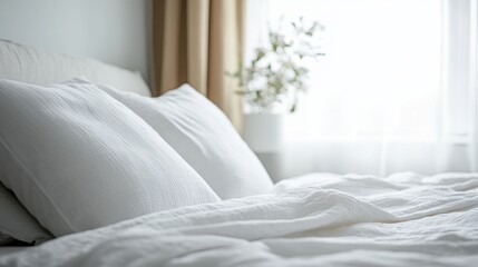  clean, white bed with crisp, smooth sheets and fluffy pillows, set in a cozy, minimalist bedroom
