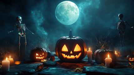 Fototapeta premium Spooky Halloween scene with glowing jack-o'-lanterns, skeletons, and candles under a full moon.