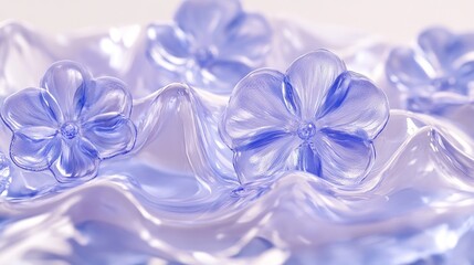 Close-up of delicate blue glass flowers on a white, rippling surface.