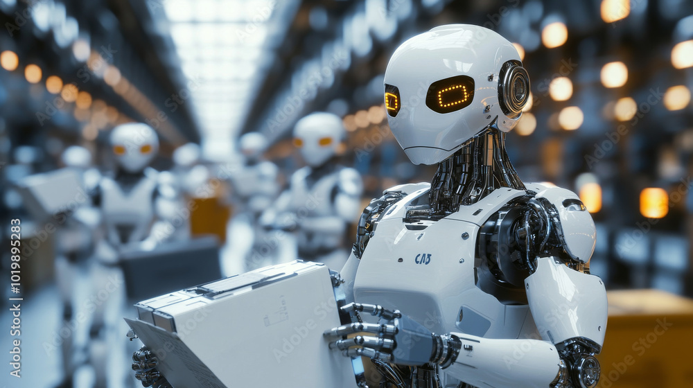 Poster a smart factory uses robots controlled by artificial intelligence to automate production.these robot