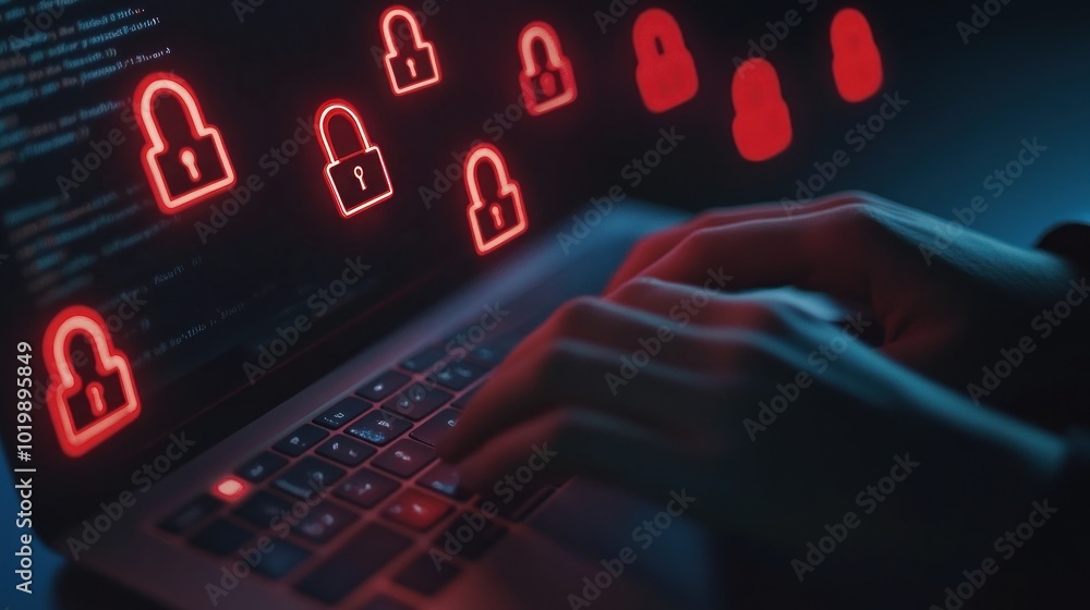 Poster cyber security: hacker using laptop