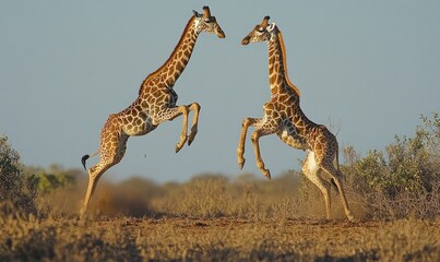 Fototapeta premium Two giraffes playfully sparring with their necks extended in a grassy savanna, kicking up dust.