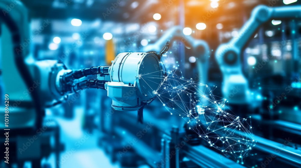 Poster a smart factory uses robots controlled by artificial intelligence to automate production.these robot