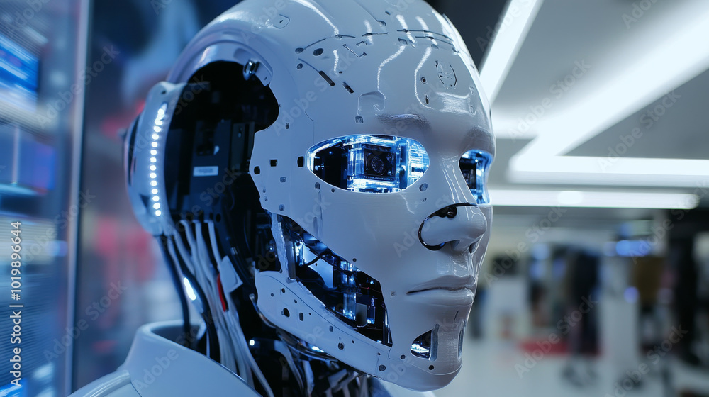 Poster a robot with a human-like body printed a mask on a 3d printer. the robot, which has a computer brain