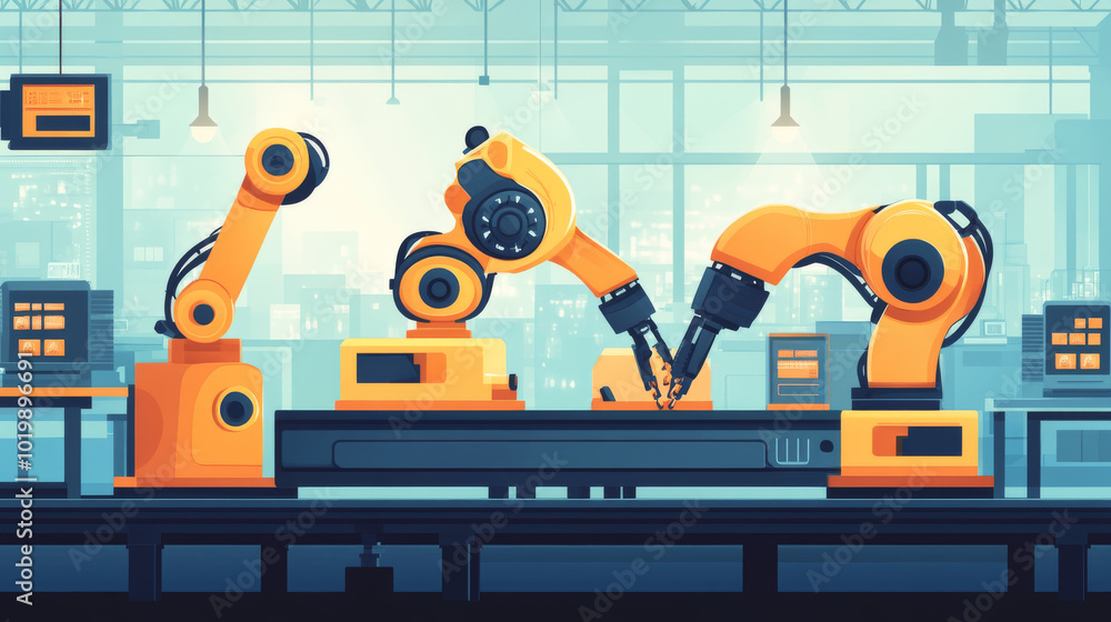 Poster a smart factory uses robots controlled by artificial intelligence to automate production.these robot