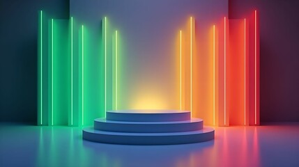 Obraz premium Beautiful and elegant background with pedestal and showcase, 3D illustration and rendering. Color scheme blue, green, yellow, red all in neon lighting
