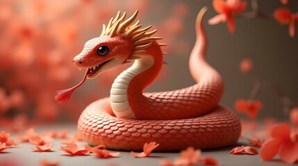 Fototapeta premium Adorable festive snake with floral motifs symbol of 2025 Chinese new year background