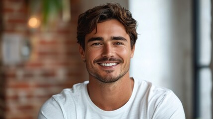 Obraz premium A man with a mustache and a white shirt is smiling