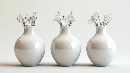 Three White Vases with Delicate White Flowers