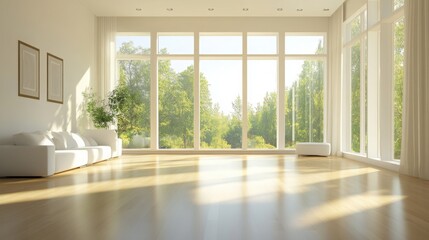 Fototapeta premium sparkling clean, modern living room with minimalist furniture, polished floors, and large windows letting in bright natural light
