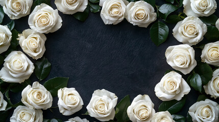 white Rose wreaths frame on dark table, symbolizing love, sacrifice, or holiness with copy space for all saints' day background banner.