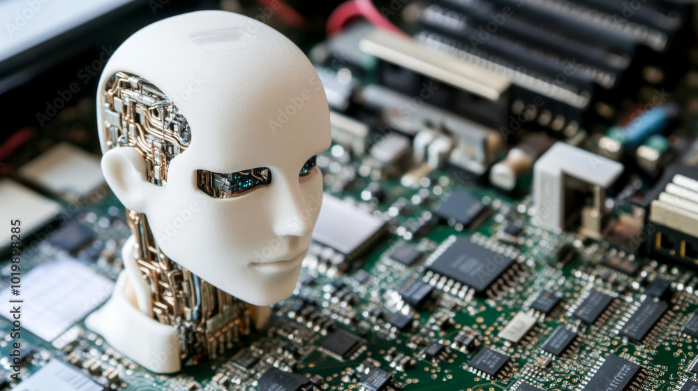 Poster developing ai chatbots. a robot head, representing ai, is shown next to computer chips. this image r
