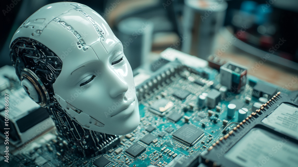 Poster developing ai chatbots. a robot head, representing ai, is shown next to computer chips. this image r