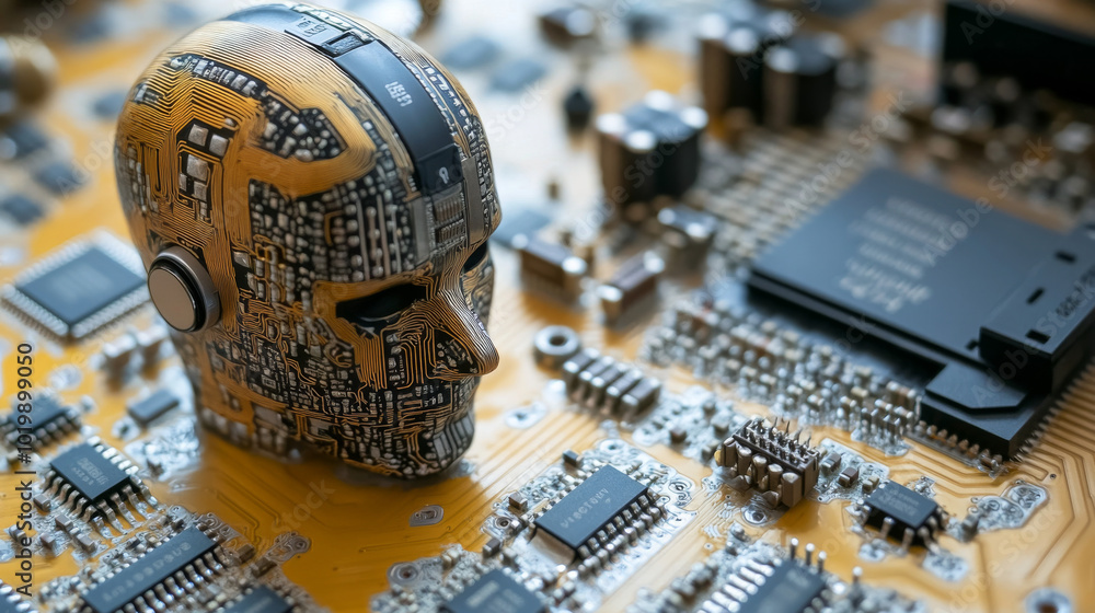 Poster developing ai chatbots. a robot head, representing ai, is shown next to computer chips. this image r
