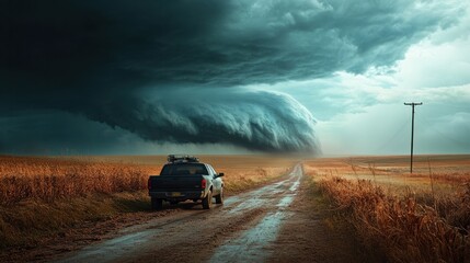 A storm chaser vehicle parked on the side of the road, with a tornado visible on the horizon.