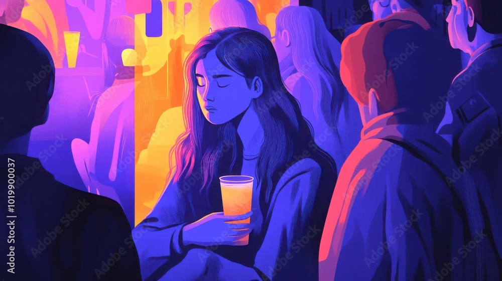 Poster introvert at a social gathering, feeling overwhelmed but finding solace in a corner with a comfortin