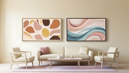 Modern Living Room Interior with Bold Abstract Wall Art. The interior of a modern living room