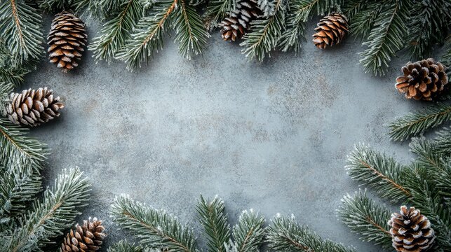 Festive christmas or winter background featuring green and frosted evergreen branches with pine cones on a grey vintage wooden board - flat lay design