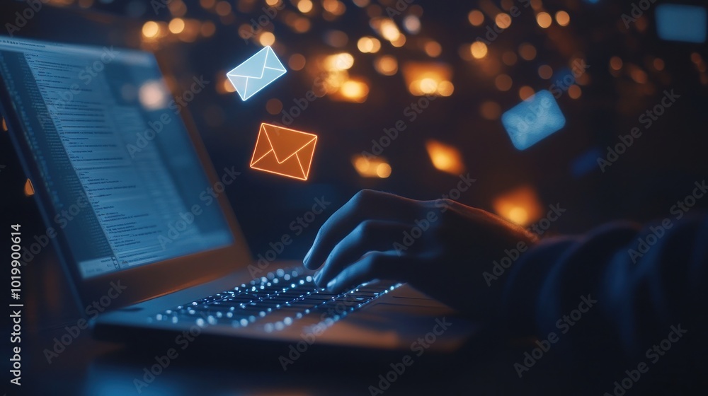 Poster hands typing on laptop with email notifications