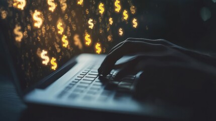 Hands Typing on Laptop with Dollar Signs