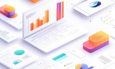 Laptop with data charts and graphs.